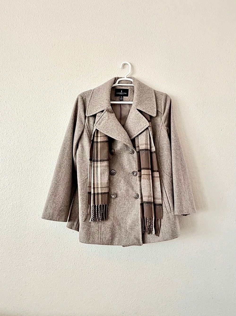 London Fog Double-Breasted Wool Blend Peacoat with Plaid Scarf Women’s XL